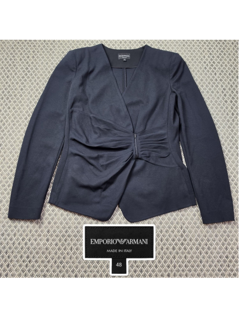 Emporio Armani Womens 48 Black Jersey Pleated Zip-Up Blazer Made in Italy